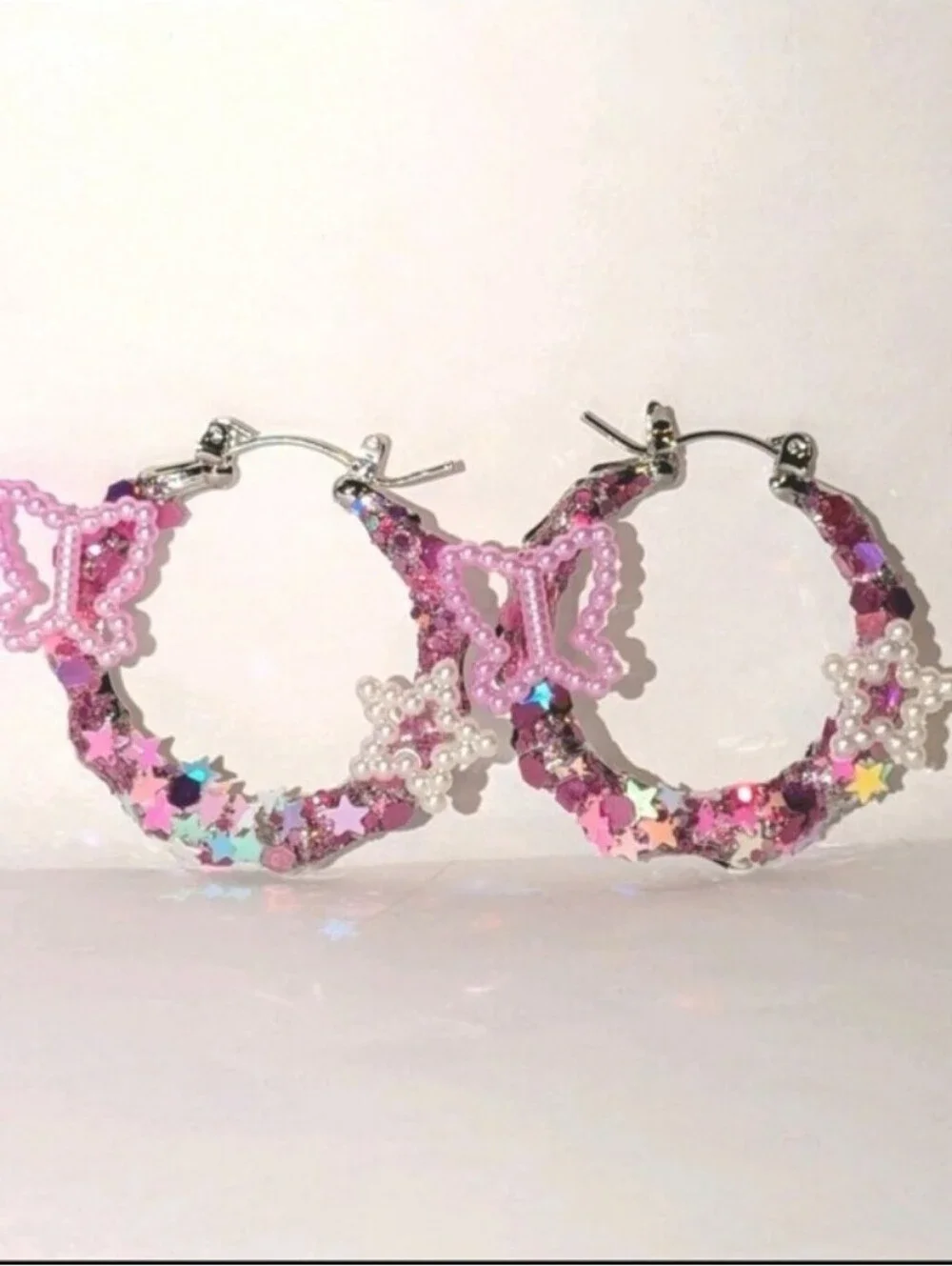 Handmade Pink Butterfly & Star Hoop Earrings - Pink Sparkle For Kids And Adults